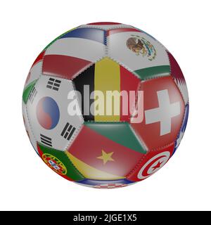 Belgien Flagge neben anderen Weltflaggen auf 3D Fußball. Isoliert auf Weiß. Katar 2022. Rendern Stockfoto