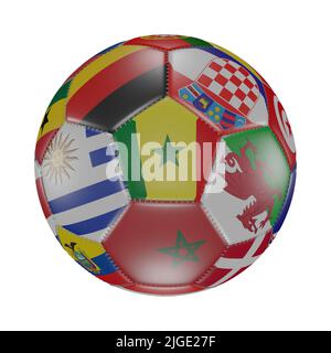 Senegal Flagge unter anderen Weltflaggen auf 3D Fußball. Isoliert auf Weiß. Katar 2022. Rendern Stockfoto