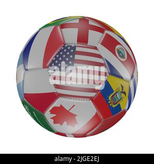 USA Flagge unter anderen Weltflaggen auf 3D Fußball. Isoliert auf Weiß. Katar 2022. Rendern Stockfoto