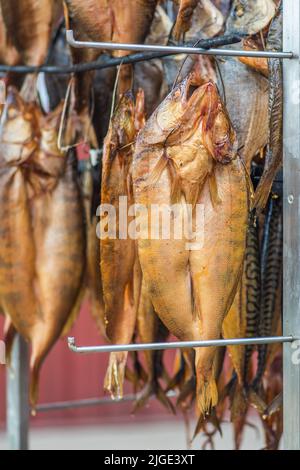 Hängen rauchgetrocknete verschiedene Fische in einem Fischmarkt nur mit Hartholz-Hackschnitzel in einem Raucher geraucht und bereit zu essen, vertikal Stockfoto