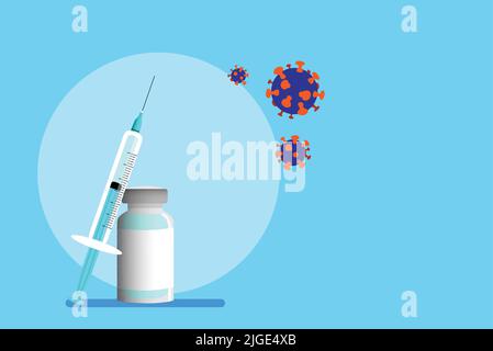 COVID-19 Coronavirus-Impfstoff-Vektor-flache Abbildung. Nadel Spritze und Flasche mit Coronavirus Darstellung . Internationale Impfkampagne. Stock Vektor