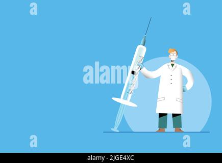Flache Vektordarstellung eines jungen Arztes, der eine Spritze hält, eine Gesichtsmaske und Schutzhandschuhe trägt. Kampf gegen Viren-Konzept. Stock Vektor
