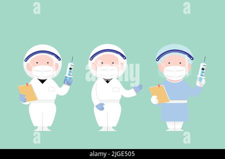 Illustration der internationalen Kampagne zur Impfung COVID-19. Arzt, der eine Impfspritze mit FFP2 Gesichtsmasken-Vektorgrafiken hält Stock Vektor