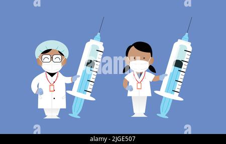Ärztinnen tragen eine Gesichtsmask und halten eine Spritze. Isolierte Zeichen. Flache Vektorgrafik. Stock Vektor