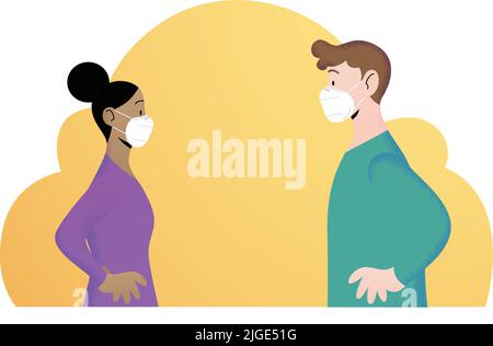 Junge Frauen und Männer sind von Angesicht zu Angesicht mit FFP2 KN95 weißen Schutzmasken ausgestattet. Stock Vektor