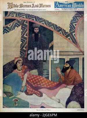 „Queen Ester and Haman“, veröffentlicht am 21,1924. Dezember im American Weekly Sunday Magazine, gemalt von Edmund Dulac aus Bible Scenes and Heroes Series. Stockfoto