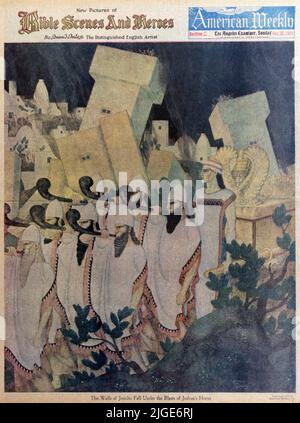 „The Walls of Jerico Fall under the Blast of Joshua’s Horn“, veröffentlicht im Oktober 26,1924 in der Zeitschrift American Weekly, gemalt von Edmund Dulac. Stockfoto