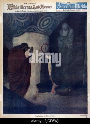 „King Saul and the Witch of Endor“, veröffentlicht am 23,1924. November im American Weekly Sunday Magazine, gemalt von Edmund Dulac für Bible Scenes & Heroes Stockfoto