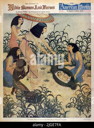 „Das Kindlein Moses wird in den Binsen von Pharaos Tochter gefunden“ am 19,1924. Oktober in der American Weekly Sunday Magazine, gemalt von Edmund Dulac. Stockfoto