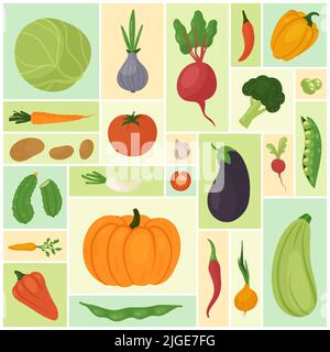 Gemüse-Set, gesunde Bio-vegetarische Lebensmittel Vektor-Illustration. Cartoon frische Tomaten Zwiebel Karotte Gurke Pfeffer Brokkoli Aubergine Kürbis Knoblauch Kartoffel Rettich in geometrischen Collage Hintergrund Stock Vektor