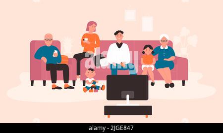 Eine glückliche, große Familie, die im Wohnzimmer Fernsehen oder Filme sieht. Cartoon Großvater und Großmutter, Mutter, Vater und Kinder genießen Film zusammen auf Sofa flache Vektor-Illustration. Generierungskonzept Stock Vektor