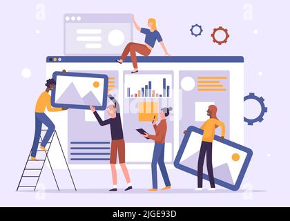 Prozess zur Erstellung digitaler Inhalte, Marketing- und Programmoberfläche der Website. Cartoon-Erbauer erstellen Homepage, Software-Schnittstelle online flache Vektor-Illustration. Projekt, Technologiekonzept Stock Vektor