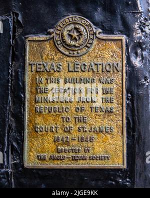 Texas Legation Plakette in einer Gasse vor dem Pickering Place im Zentrum von London, Großbritannien - Kennzeichnung der Lage, wo für eine kurze Zeit, die Republik Texas Stockfoto