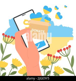 Freiwillige Hand halten Telefon mit Spende Handy-App. Person, die Smartphone hält, um Geld für Armee und Bürger der Ukraine flache Vektor-Illustration zu spenden. Konzept der Unterstützung, Solidarität mit der Ukraine Stock Vektor