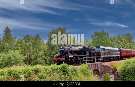 STRATHSPEY DAMPFEISENBAHNBOOT VON GARTEN SCHOTTLAND DAMPFZUG UND DIESELMOTOR ÜBERQUEREN KINCHURDY BRÜCKE IM SOMMER Stockfoto