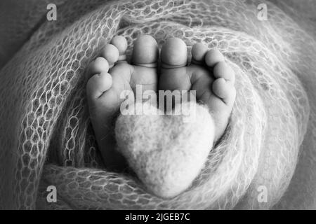 Gestricktes Herz in die Beine eines Babys. Weiche Füße einer neu geborenen Decke. Nahaufnahme von Zehen, Fersen und Füßen eines Neugeborenen. Stockfoto