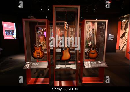 Musiker Gitarren im Museum of Pop Culture in Seattle. Stockfoto