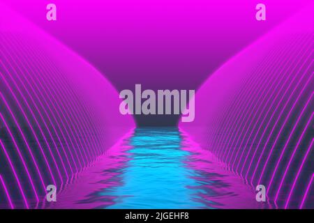 Korridor von violetten Kurven Neonlinien über dem Wasser. 3D Rendern Stockfoto
