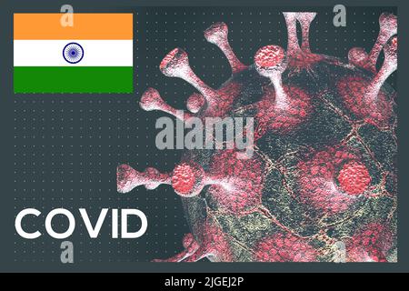 COVID-19 Pandemie, COVID 2022 Neustart COVID in Indien 2022, Flagge Indien auf Hintergrund Coronavirus, 3D Arbeit und 3D Bild Stockfoto