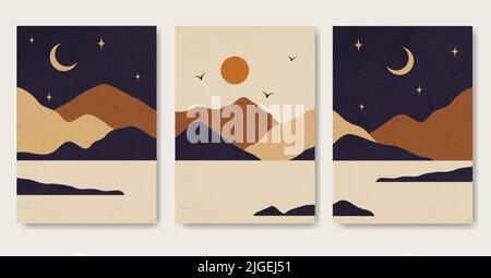 Tag und Nacht Berg Textur Landschaft Poster Set. Stock Vektor
