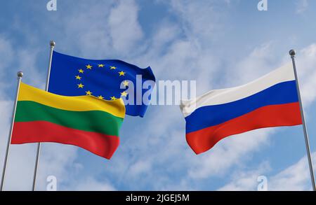 Flaggen der Europäischen Union Litauens und Russlands. Blauer Himmel Flagge Litauen Flagge Europäische Union Flagge Russland, 3D Arbeit und 3D Bild Stockfoto