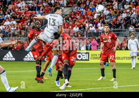 Toronto, Kanada. 09.. Juli 2022. Nathan Raphael Pelae Cardoso (13) in Aktion während des MLS-Spiels zwischen dem FC Toronto und den Erdbeben von San Jose auf dem BMO-Feld. Das Spiel endete 2-2. (Foto von Angel Marchini/SOPA Images/Sipa USA) Quelle: SIPA USA/Alamy Live News Stockfoto