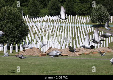 Im Rahmen des Gedenkens an den 27.. Jahrestag des Völkermordes, der im Juli 1995 in Srebrenica begann, wurden am 10 2022. Juli auf dem Friedhof des Srebrenica Memorial Center - Potocari Friedenstauben in Potocari, Bosnien und Herzegowina, in die Luft entlassen. Foto: Armin Durgut/PIXSELL Stockfoto