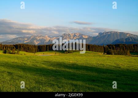 Wanderweg mit Blick auf den landschaftlich schönen Attlesee im bayerischen Allps, Nesselwang, Allgäu oder Allgau, Deutschland Stockfoto