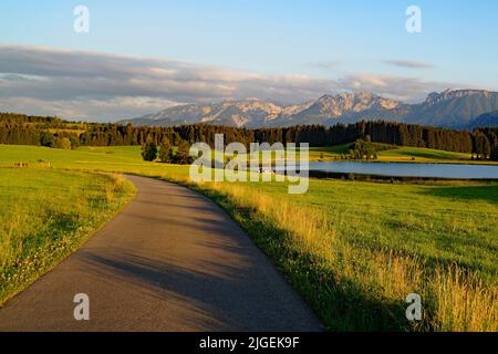 Wanderweg mit Blick auf den landschaftlich schönen Attlesee im bayerischen Allps, Nesselwang, Allgäu oder Allgau, Deutschland Stockfoto