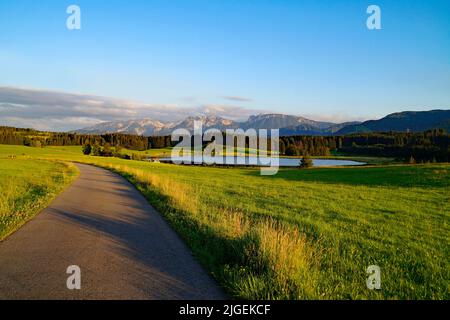 Wanderweg mit Blick auf den landschaftlich schönen Attlesee im bayerischen Allps, Nesselwang, Allgäu oder Allgau, Deutschland Stockfoto