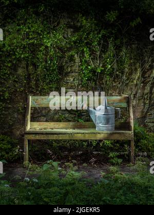 Antike Gießkannen auf alter Holzbank im vernachlässigten Garten, Pennsylvania, USA Stockfoto