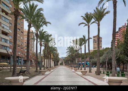 amphitheater im eleganten Park von L'aigüera (La Aigüera). Malerischer Park im neoklassizistischen Stil in Benidorm, Alicante, Spanien, Europa Stockfoto