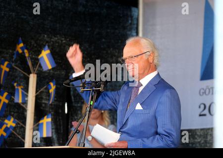 König Carl XVI Gustaf hält am 09. Juli 2022 eine Rede beim 200.-jährigen Jubiläum der Kanalgesellschaft Gota Kanal in Schweden. Foto von Patrik Jonsson/Stella Pictures/ABACAPRESS.COM Quelle: Abaca Press/Alamy Live News Stockfoto