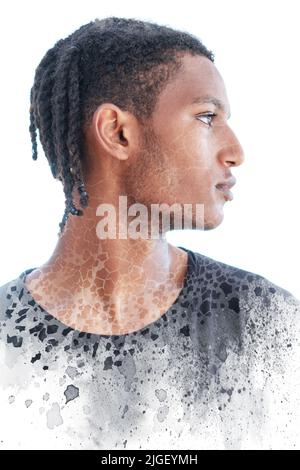 Paintographie Porträt eines Mannes gemischt mit Farbspritzern Stockfoto