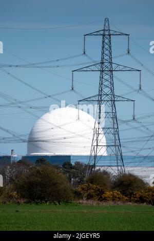 Sizewell Kernkraftwerke in weiter Ferne mit grünen Feldern im Vordergrund mit vielen Stromleitungen Stockfoto