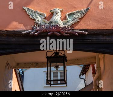 Suffolk, Großbritannien - August 11. 2021: Ein architektonisches Detail im historischen Dorf Lavenham in Suffolk, Großbritannien. Stockfoto