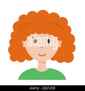 Lustige Cartoon Frau Gesicht, niedlichen Avatar oder Porträt. Mädchen mit orangefarbenen lockigen Haaren. Junger Charakter für das Web im flachen Stil. Drucken für Aufkleber, Emoji, Symbol Stock Vektor