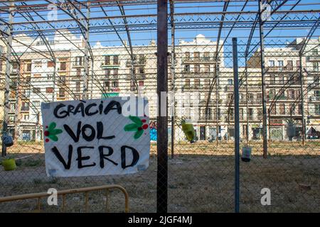 Skelett des Mercat de l'Abaceria Travessera de Gràcia Barcelona, Katalonien, Spanien Stockfoto