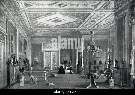 Grüner Salon, Windsor Castle, England, Illustration aus dem 19. Jahrhundert, die ein elegantes königliches Wohnzimmer zeigt Stockfoto