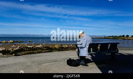 Ein Mann liest am Sonntag bei gutem Wetter am Seapoint Beach in South Dublin ein Buch von sich selbst, wie Eireann prognostizierte, dass die warmen und trockenen Tage mit den höchsten Temperaturen auf 25 Grad anstiegen. Bilddatum: Sonntag, 10. Juli 2022. Stockfoto