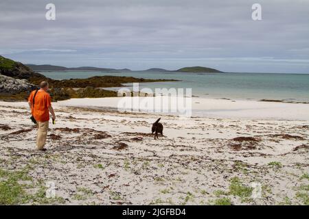 Mann mittleren Alters in einem orangefarbenen T-Shirt an einem Strand auf Eriskay mit einem begierigen labrador aus Schokolade Stockfoto