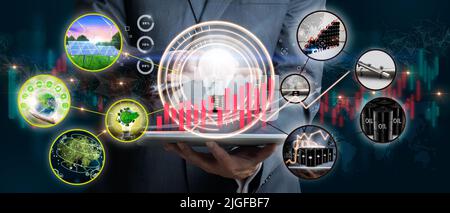 Geschäftsmann mit Glühbirne gegen den Klimawandel. Konzept der erneuerbaren Energien. Liebe Sonnenenergie in der Natur. Nachhaltigkeit der biologischen Vielfalt. 3D Rende Stockfoto