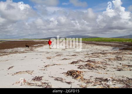 Mann in einem roten Mantel, der einen Hund am Boisdale/Baghasdail Beach, South Uist, Hebrides, Schottland, führt Stockfoto