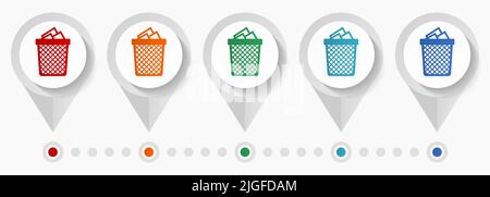 Papierkorb Konzept Vektor-Symbole, editierbare Infografik Vorlage, Satz von bunten flachen Design Zeiger Stock Vektor