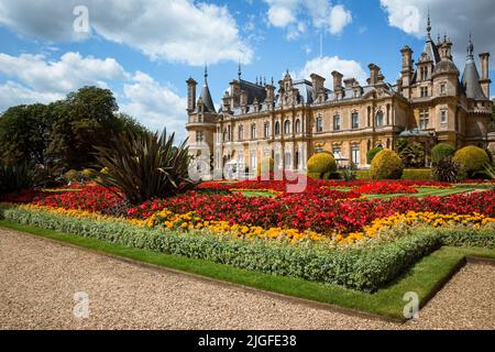 Der berühmte Parterre von Waddesdon Manor in voller Blüte. Stockfoto