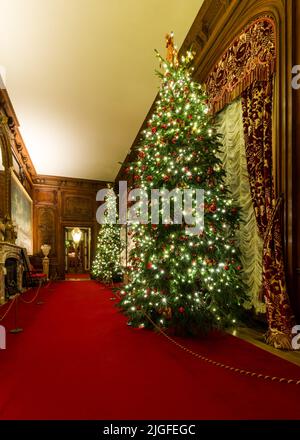 Waddesdon Manor in Buckinghamshire sieht atemberaubend aus, geschmückt mit Weihnachtsbäumen, beleuchteten Lichtern und anderen festlichen Dekorationen. Stockfoto