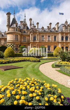 Der berühmte Parterre von Waddesdon Manor in voller Blüte. Stockfoto