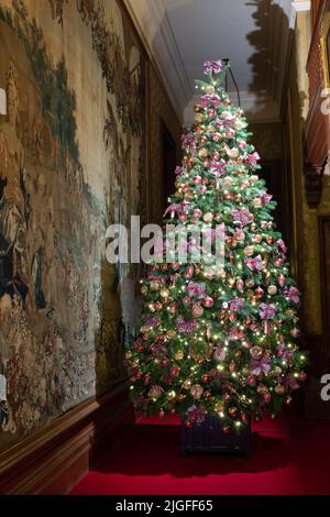 Waddesdon Manor in Buckinghamshire sieht atemberaubend aus, geschmückt mit Weihnachtsbäumen, beleuchteten Lichtern und anderen festlichen Dekorationen. Stockfoto