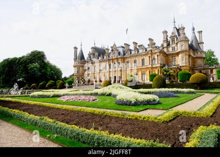 Der berühmte Parterre von Waddesdon Manor in voller Blüte. Stockfoto