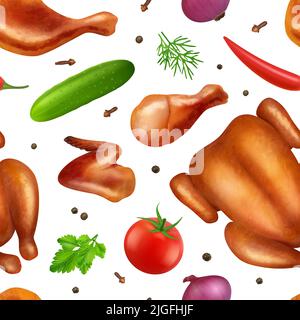 Hähnchenmuster. Gebratenes leckeres Essen Huhn und verschiedene Gewürze mit Gemüse anständige Vektor nahtlose Hintergrund Stock Vektor